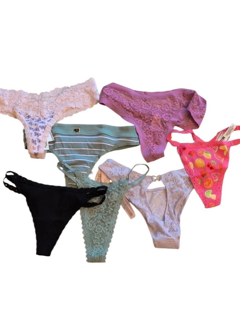 Lot Of 7 NWT Victoria's Secret And PINK Thongs Sage Green Purple Butterfly Print